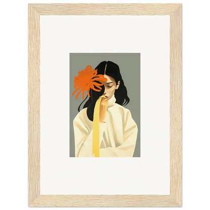 Framed canvas print of a woman with dark hair and an orange flower for dreams eternity room decoration