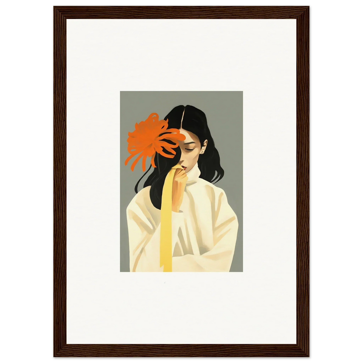 Framed canvas print of a woman with dark hair holding an orange flower for dreams eternity room decoration