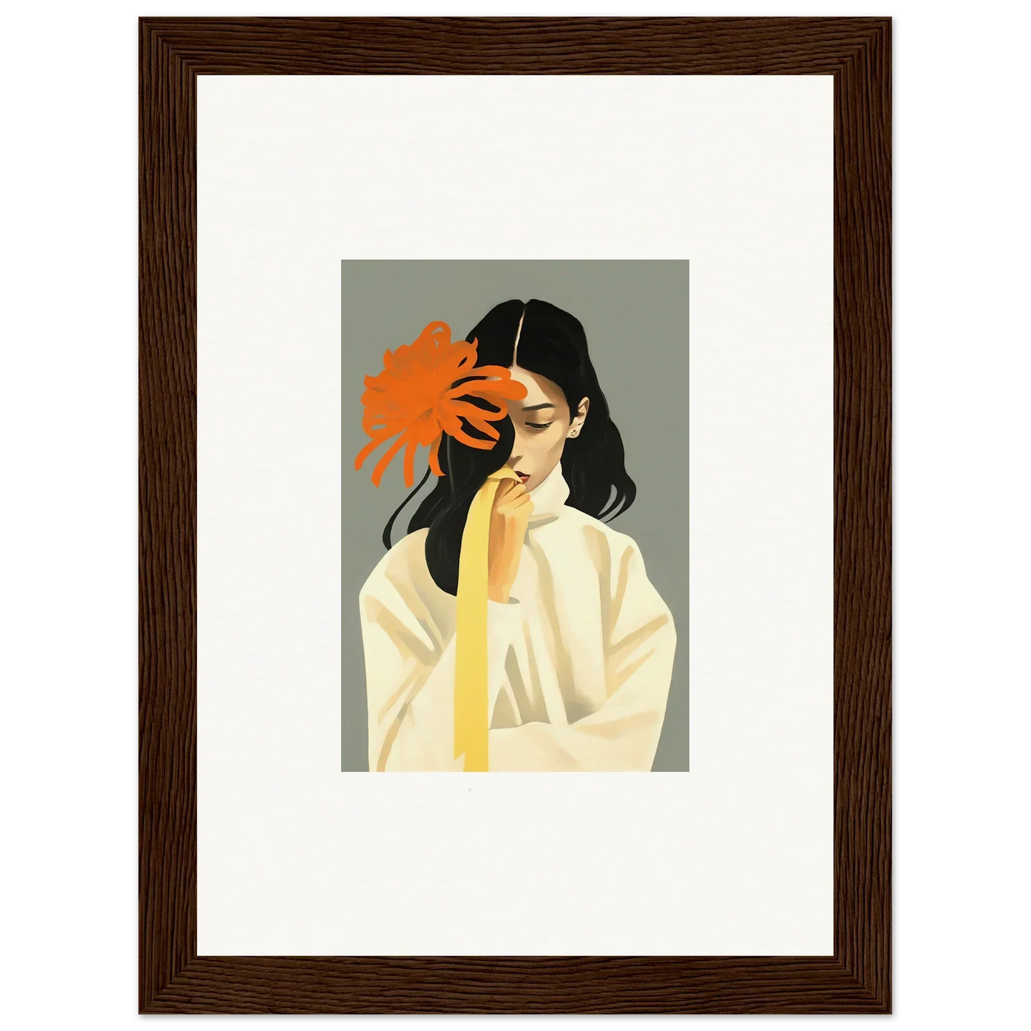 Framed canvas print of a woman with an orange flower for dreamy room decoration