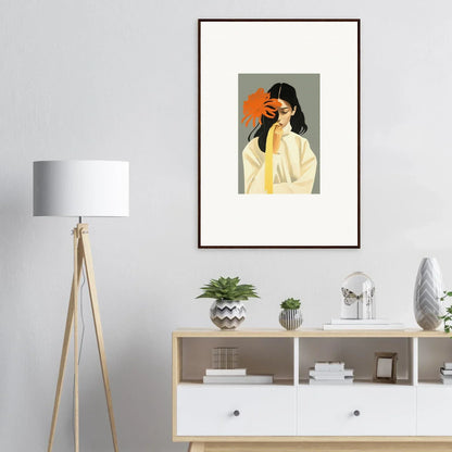 Framed canvas print of a person in a white top on an orange background for Room Decoration