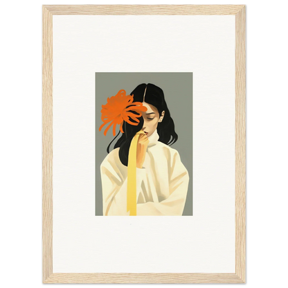 Framed canvas print of a woman with an orange flower, perfect for Dreams Eternity room decoration