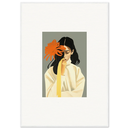 Stylized woman with dark hair holding an orange flower for dreams eternity canvas print