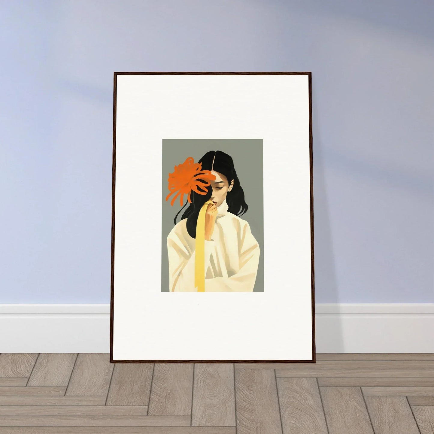 Framed canvas print of a woman in white with orange flower, perfect for dreams eternity room decoration