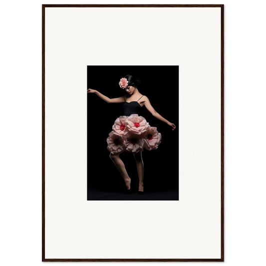 Dancer in a floral-inspired costume striking a graceful pose against a dark background.