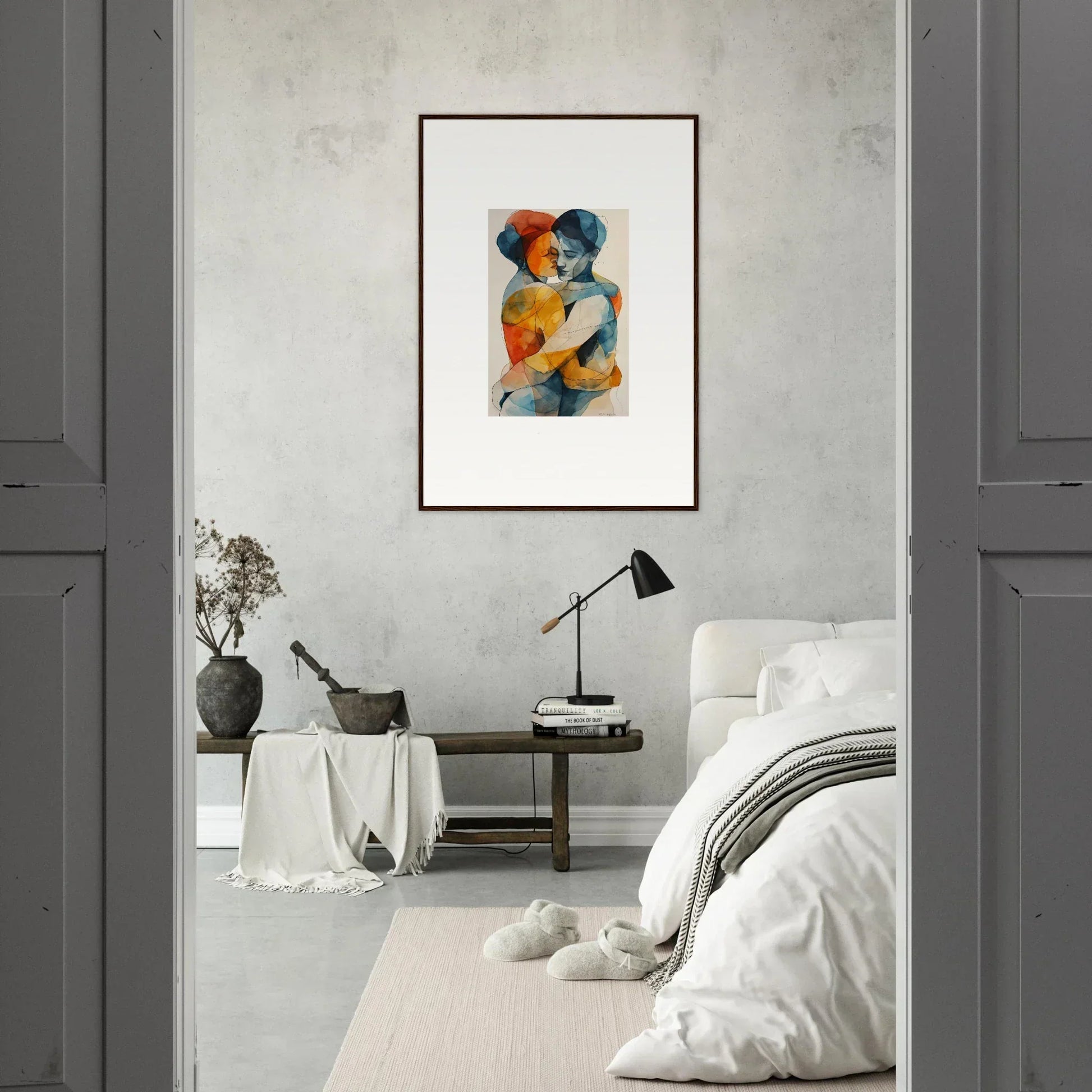 Framed wall art of warm-colored souls embrace for stunning room decor