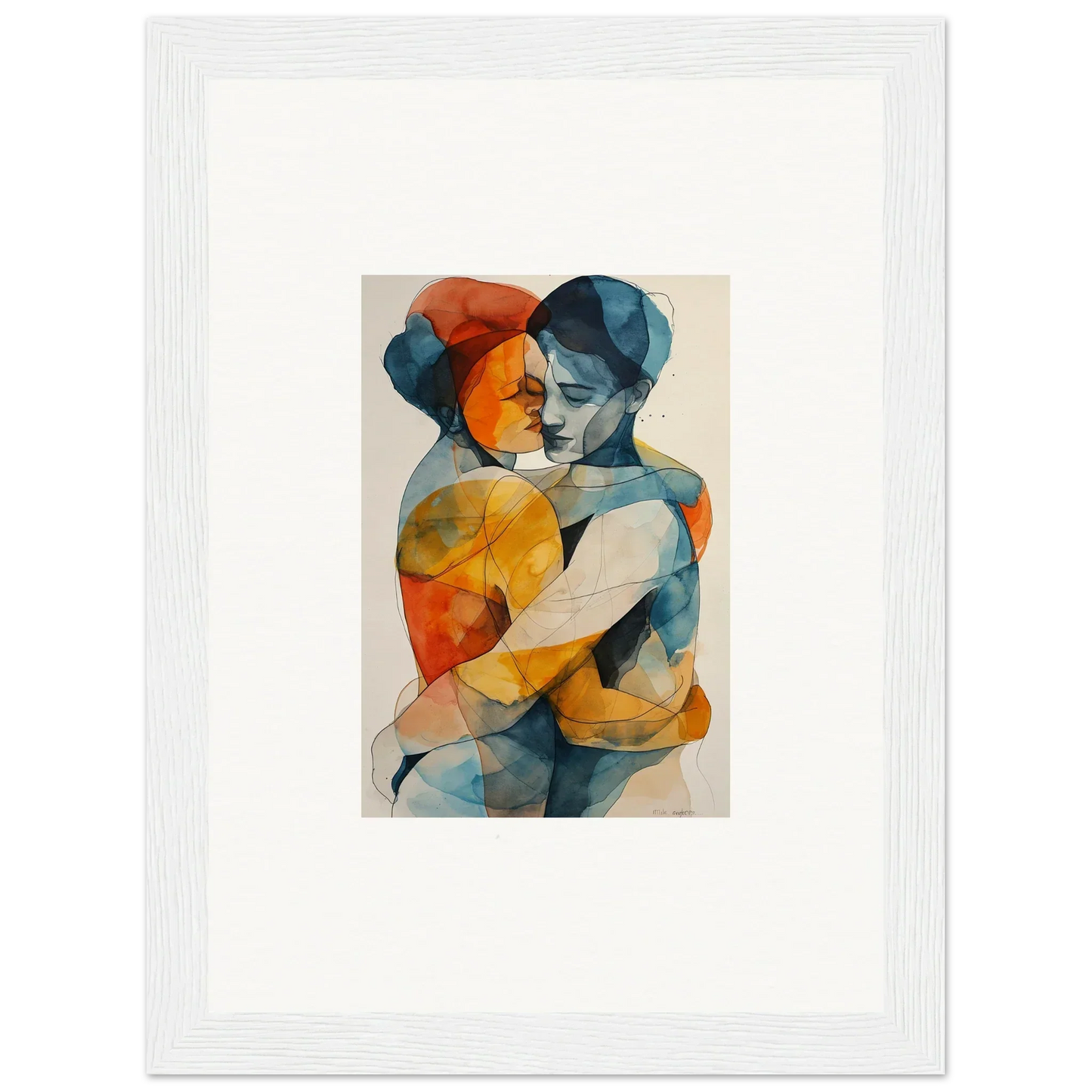 Abstract watercolor of two embracing figures, perfect for souls embrace room decor