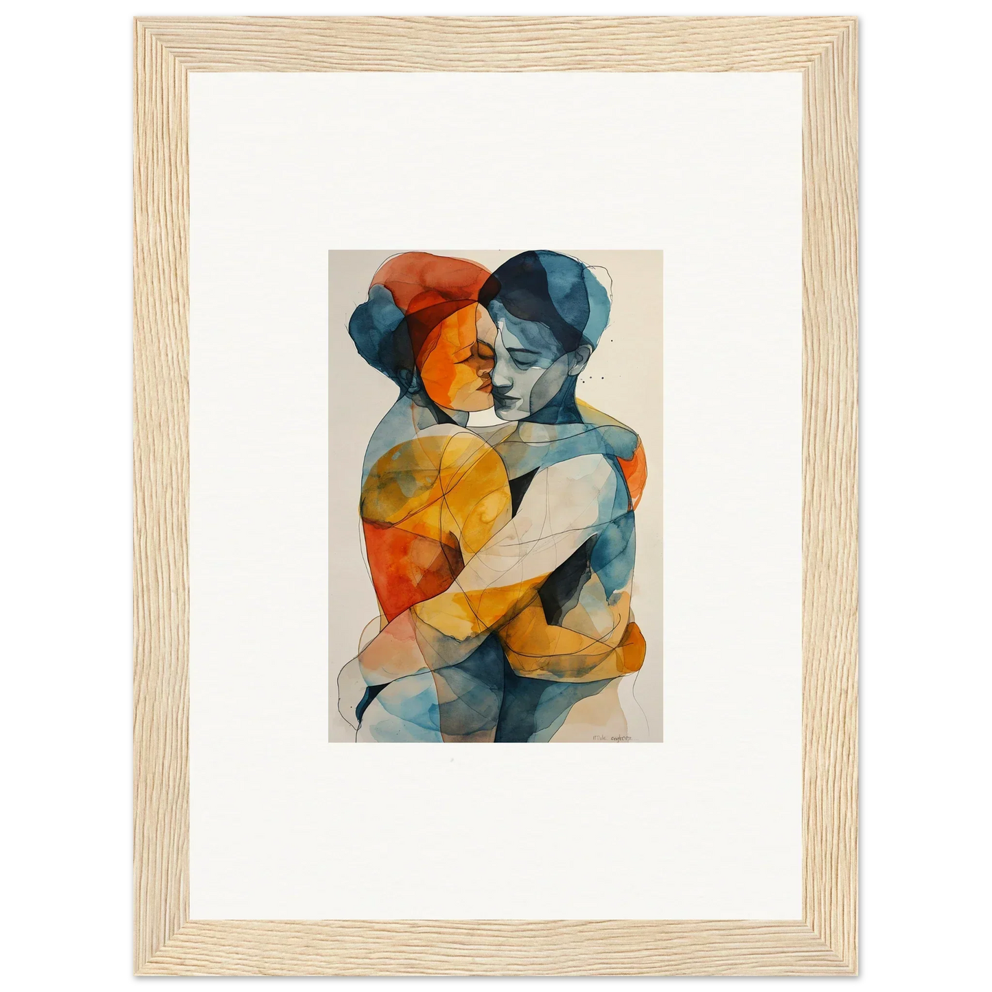 Abstract painting of two embracing figures in colorful geometric shapes for room decor