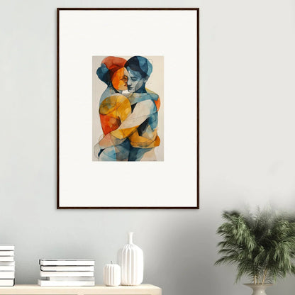 Framed watercolor painting of a couple’s souls embrace, ideal for room decor