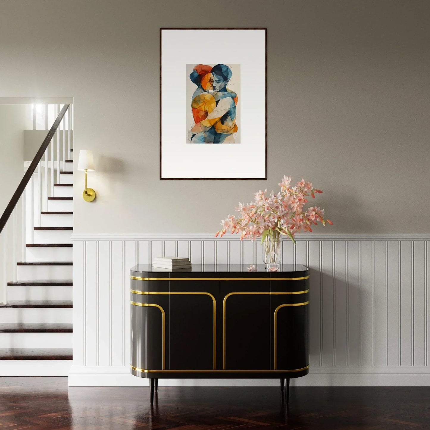 Elegant entryway with black gold console table and Framed Wall Art, Souls Embrace decor