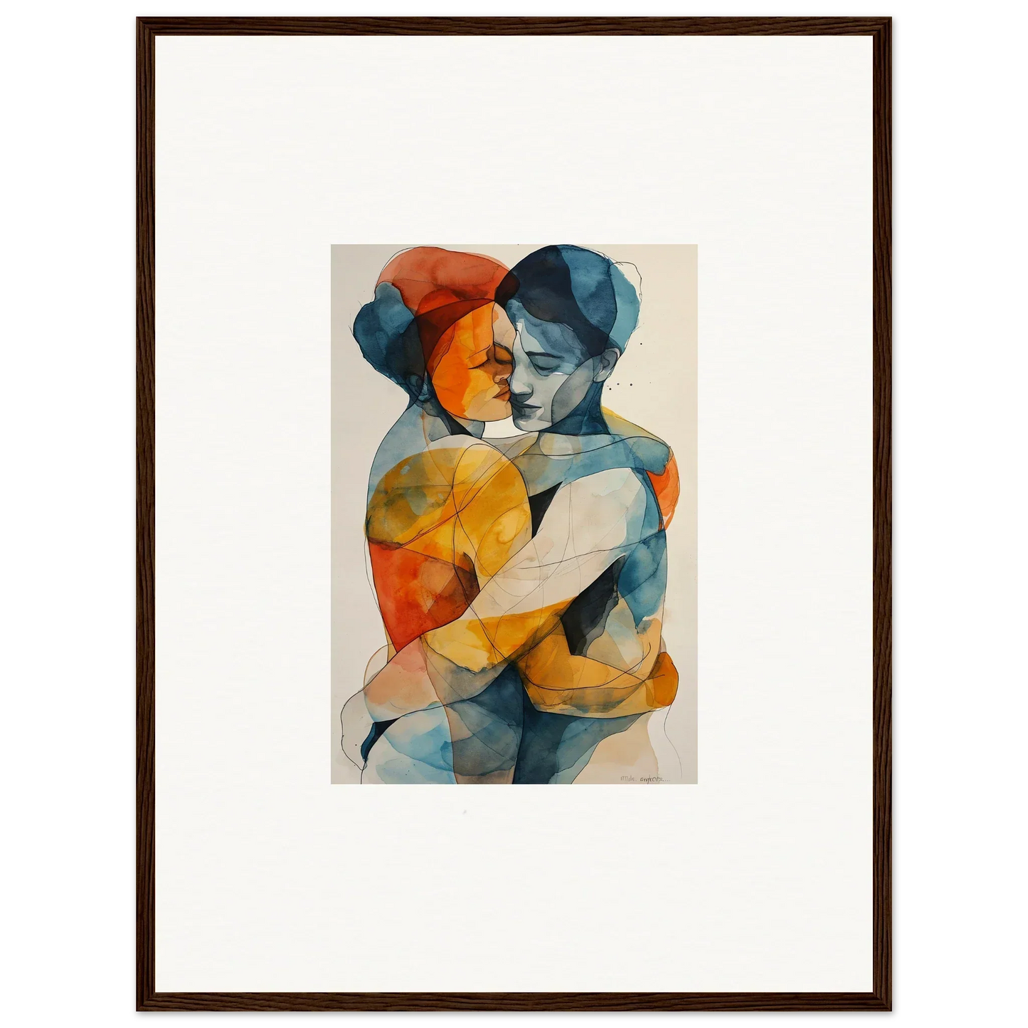 Abstract watercolor of two embracing figures in vibrant colors for souls embrace wall art