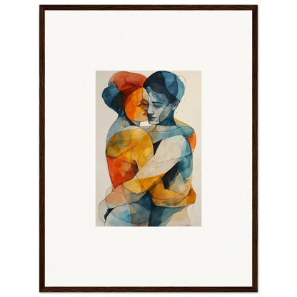 Abstract watercolor of two embracing figures in vibrant colors for souls embrace wall art