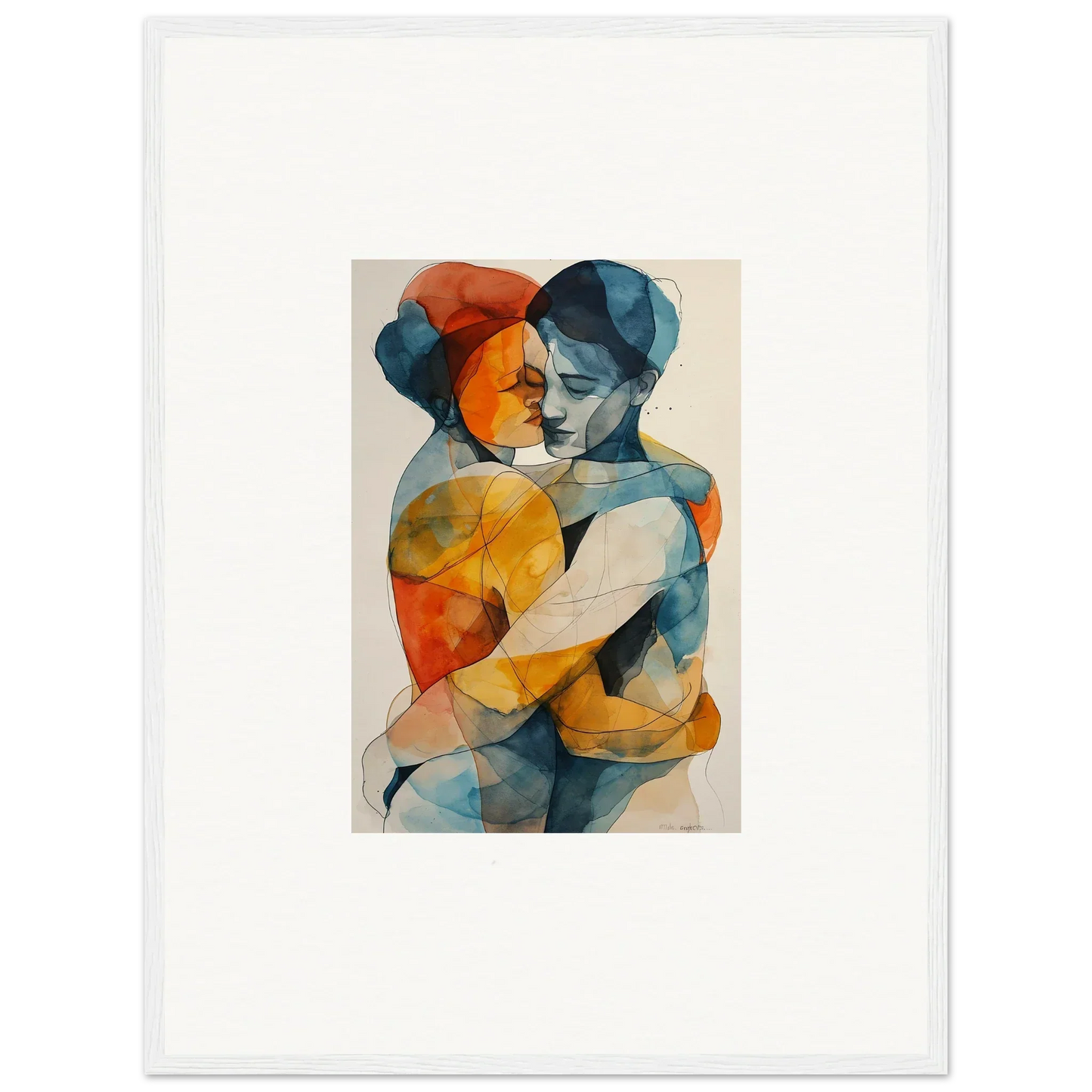 Abstract watercolor painting of two figures embracing, perfect for souls embrace room decor