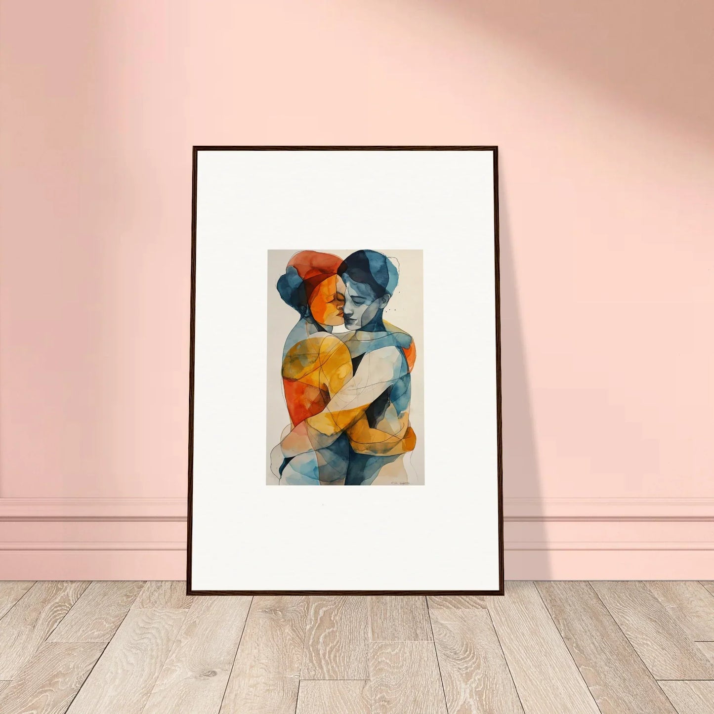 Framed wall art of Fluid Souls Embrace, a vibrant watercolor of intimate figures