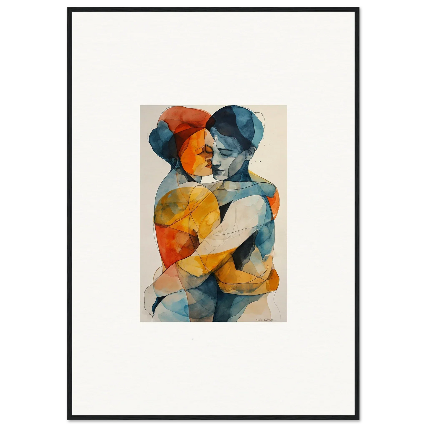 Abstract watercolor of two figures embracing in warm and cool tones for Souls Embrace room decor