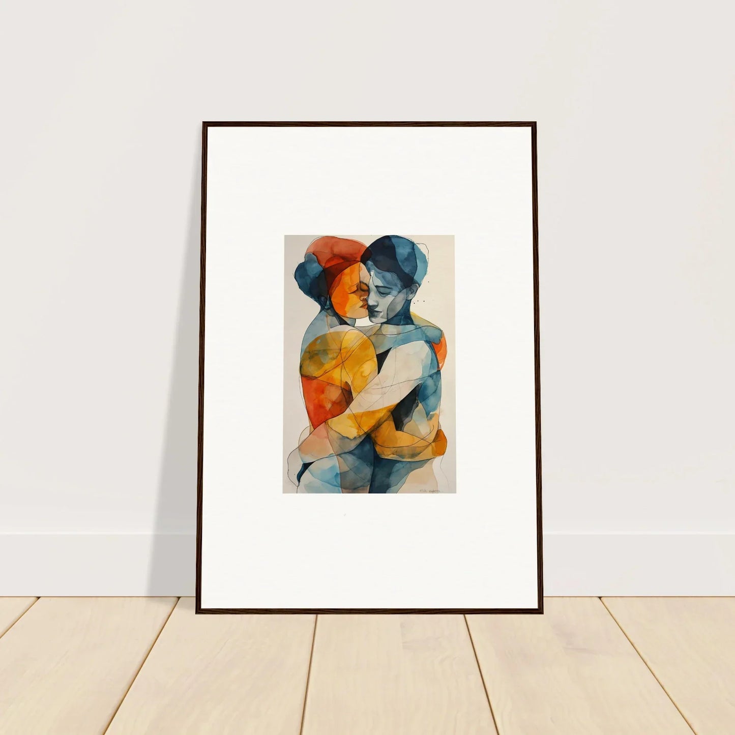 Framed wall art of vibrant abstract watercolor depicting souls embrace for unique room decor