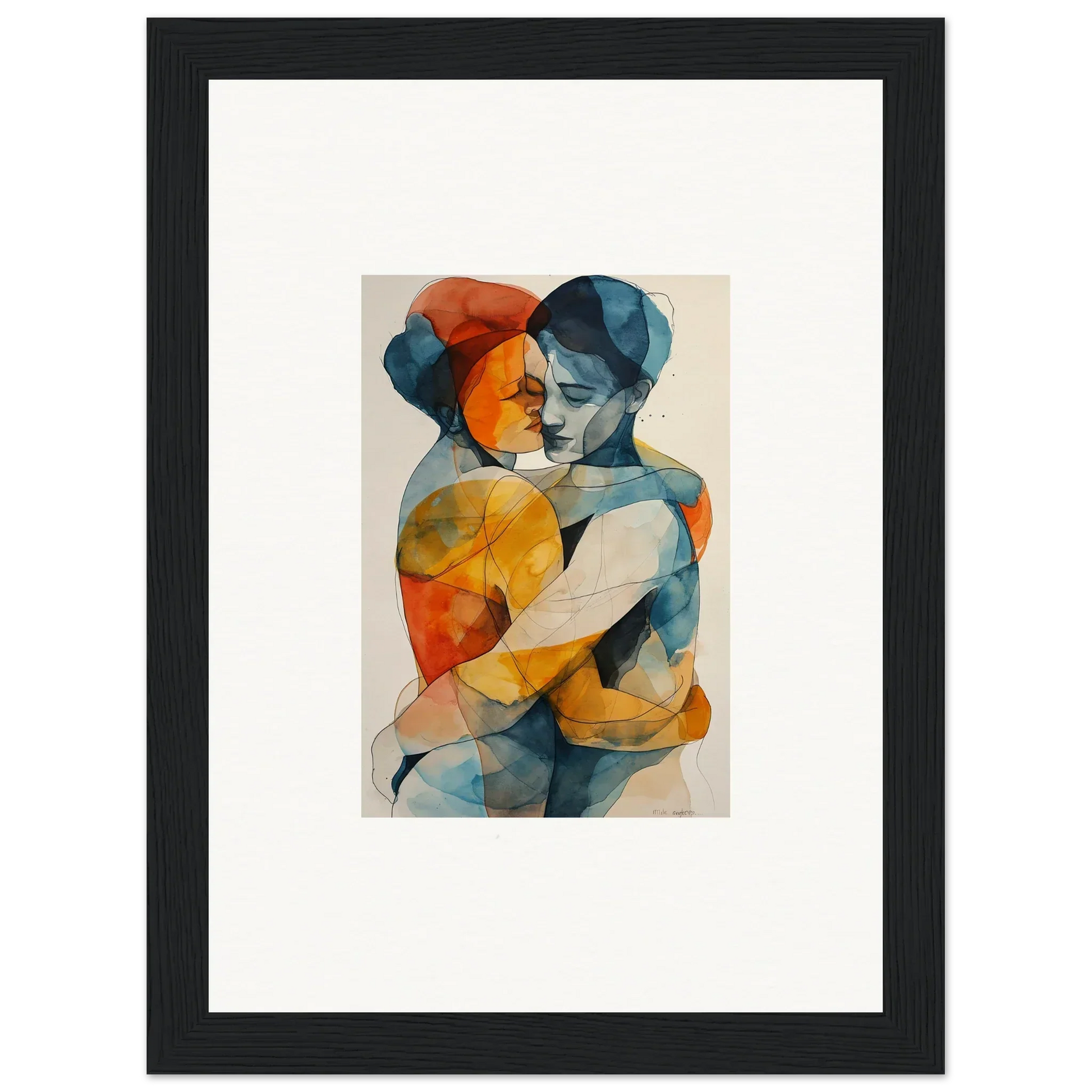 Abstract watercolor painting of embracing figures for soulful room decor and framed wall art