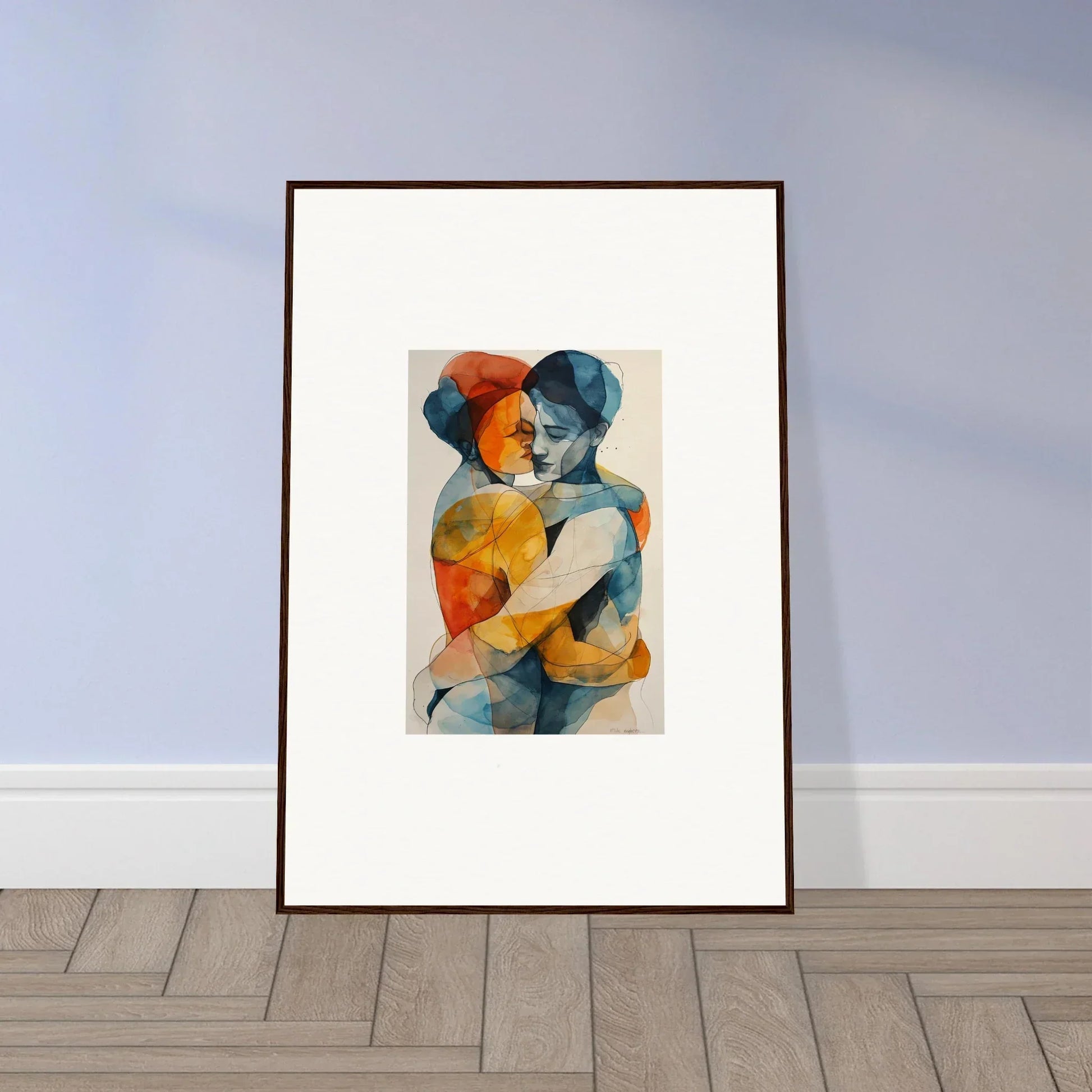 Framed watercolor wall art of souls embrace in vibrant colors for room decor