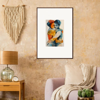 Framed wall art of Fluid Souls Embrace with blue and orange embracing figures