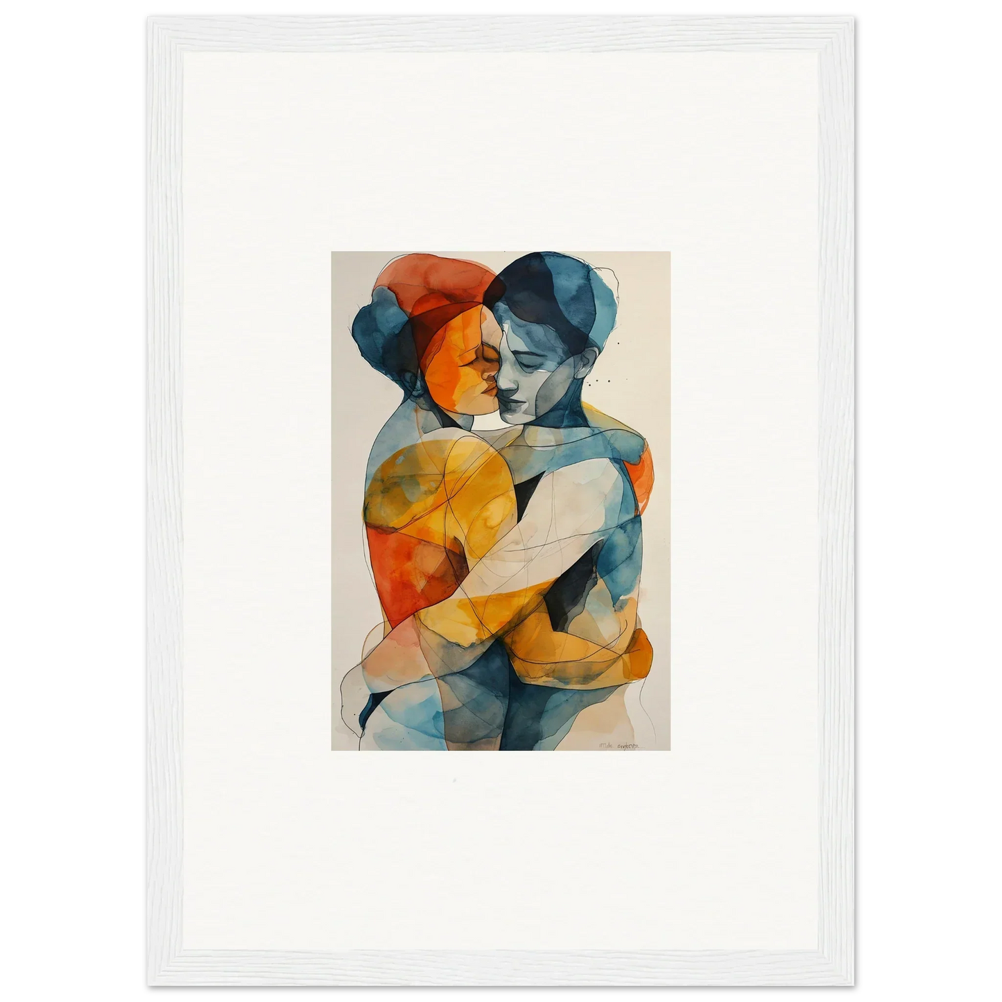 Abstract painting of two figures embracing in warm colors, perfect for room decor and framed wall art