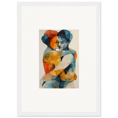 Abstract painting of two figures embracing in warm colors, perfect for room decor and framed wall art