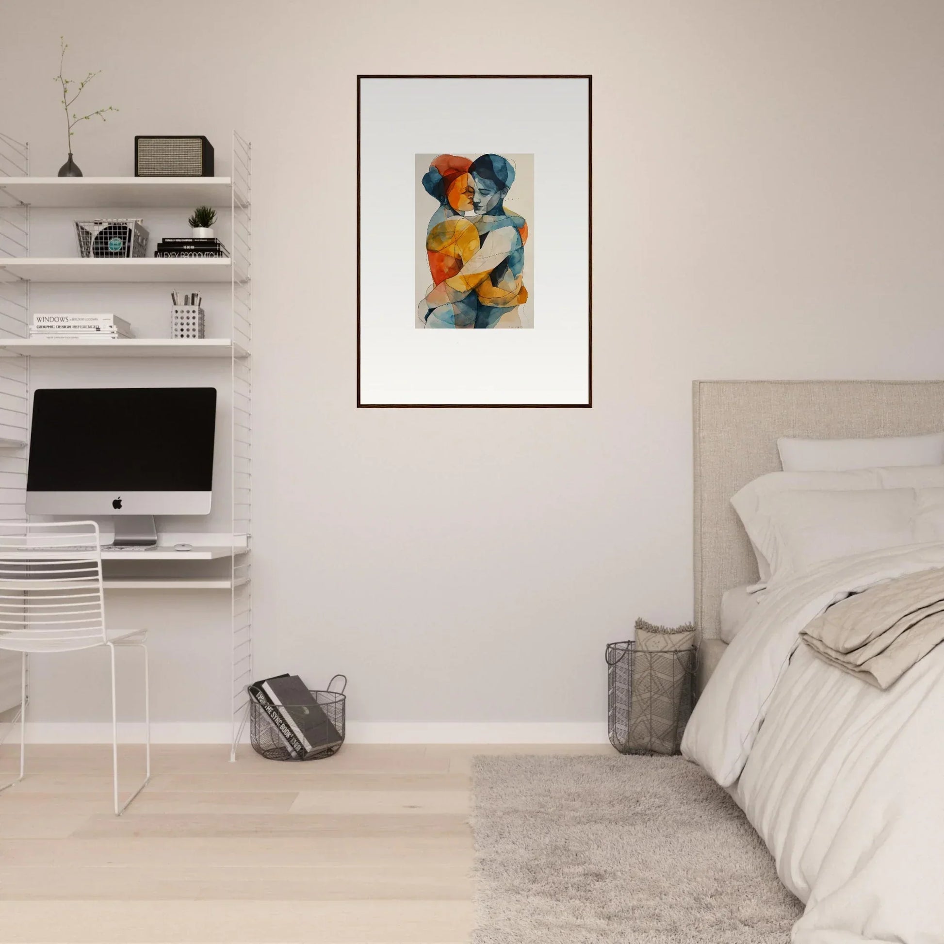 Framed wall art of abstract portrait with vibrant orange and blue for stylish room decor