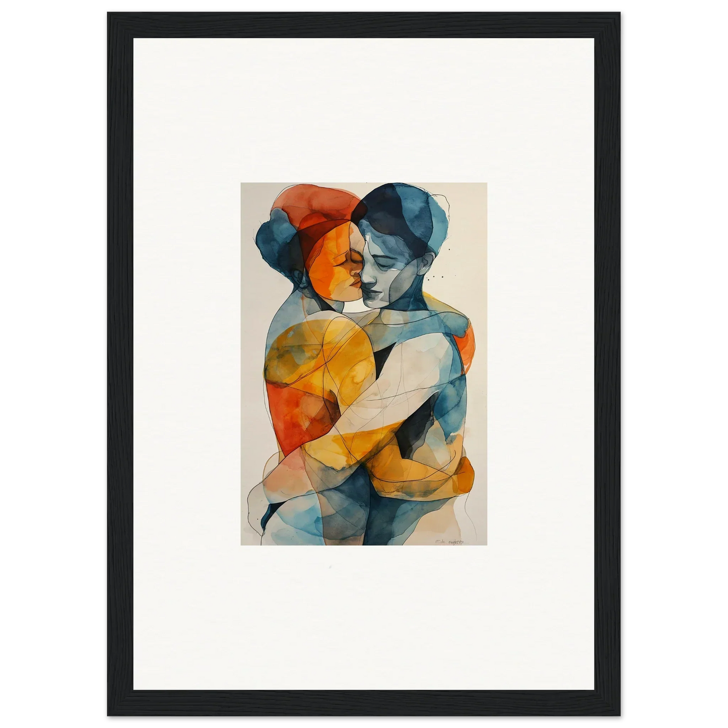 Abstract watercolor painting of embracing figures for Fluid Souls Embrace room decor