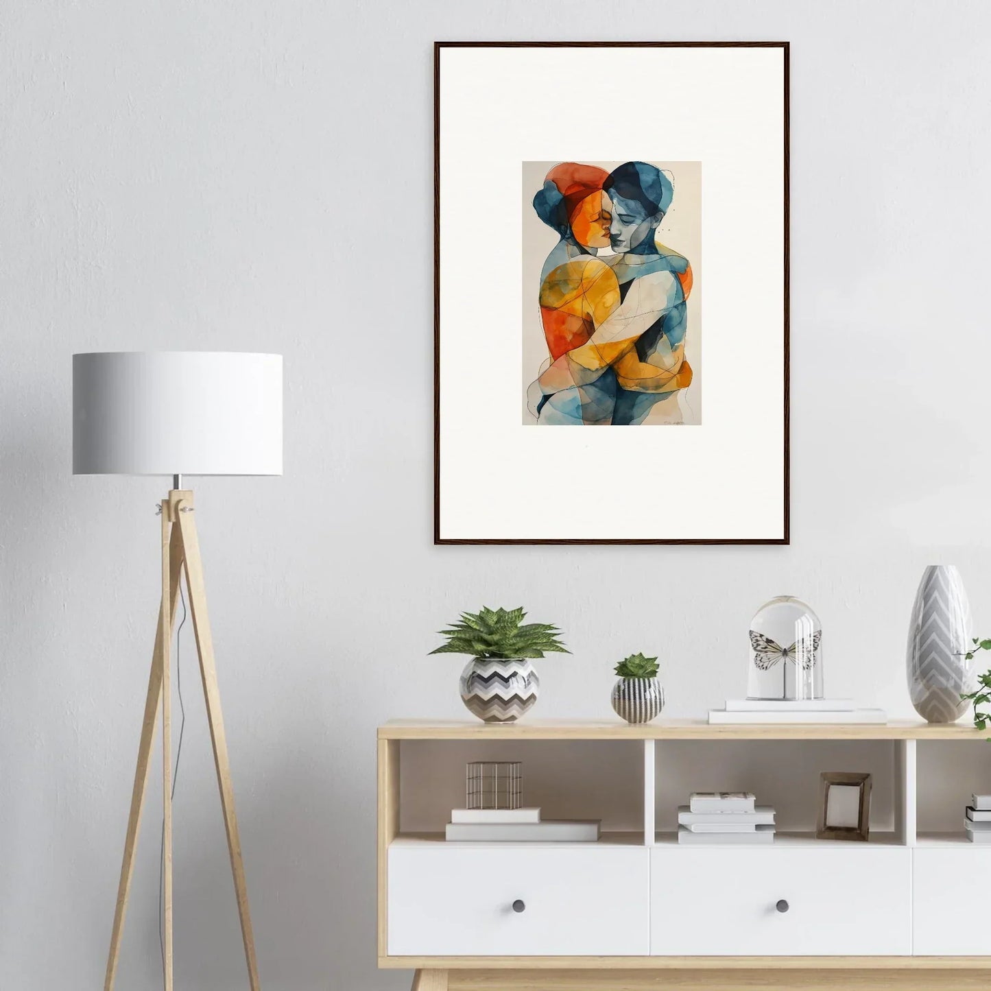 Framed wall art of vibrant abstract watercolor depicting souls embrace for stunning room decor