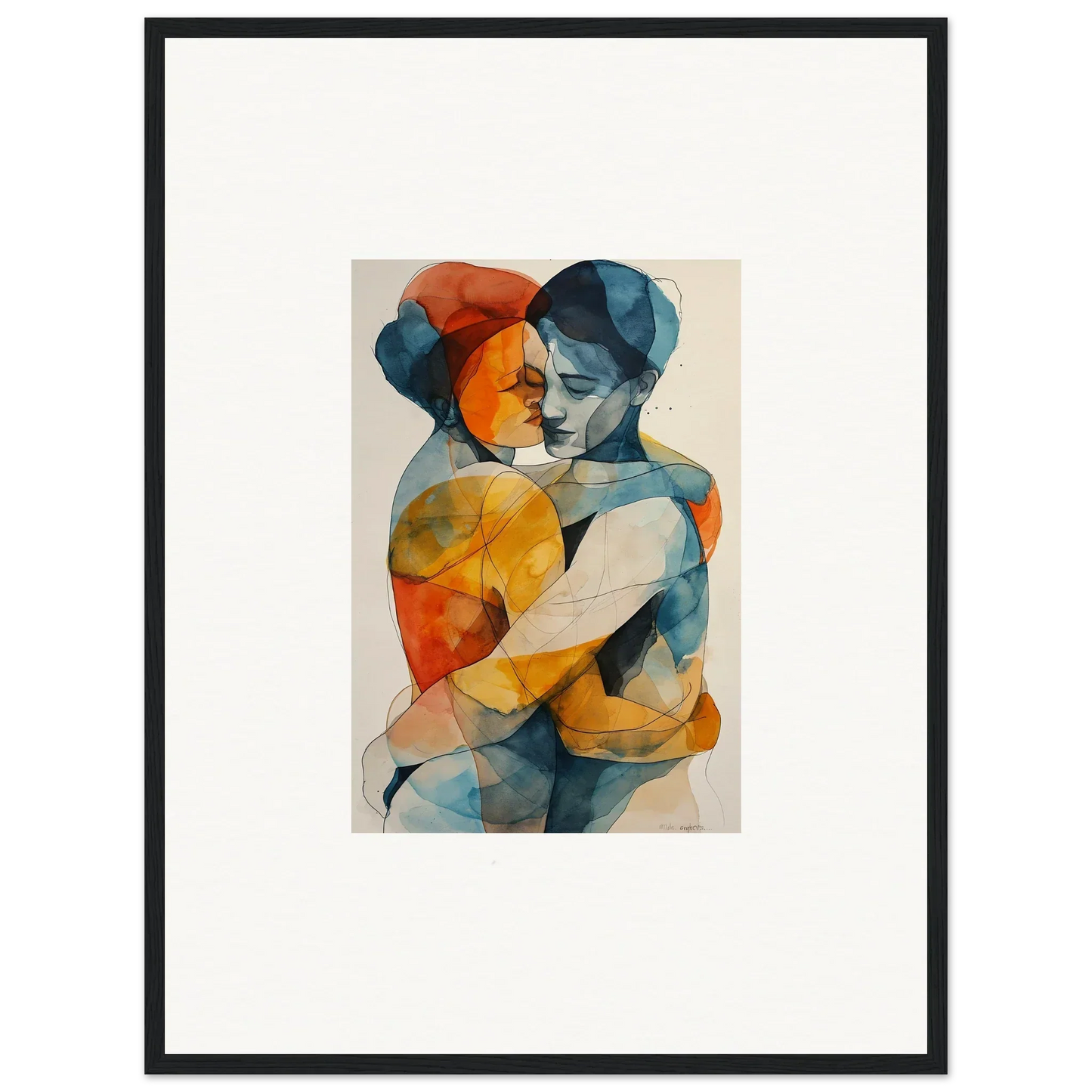 Abstract watercolor of two figures in warm colors, perfect for souls embrace room decor