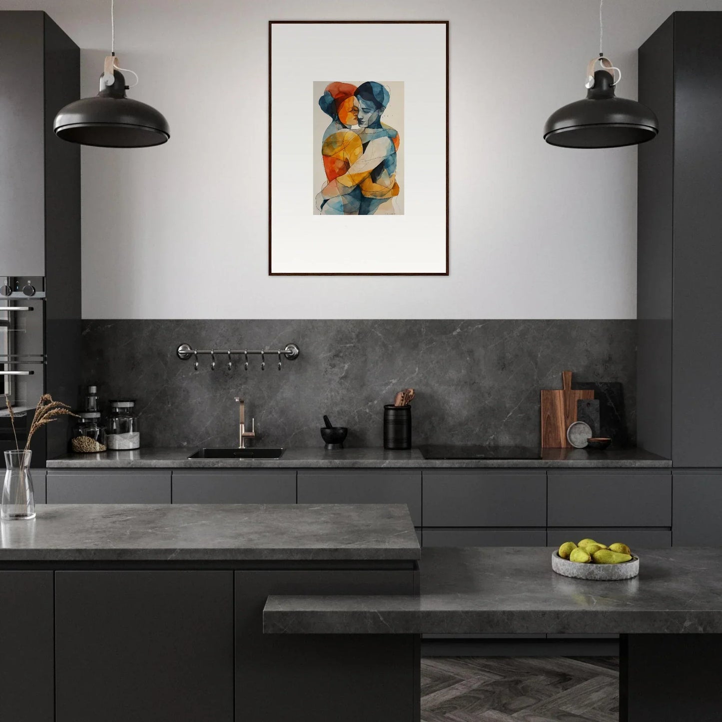 Modern kitchen with dark cabinetry featuring Souls Embrace framed wall art