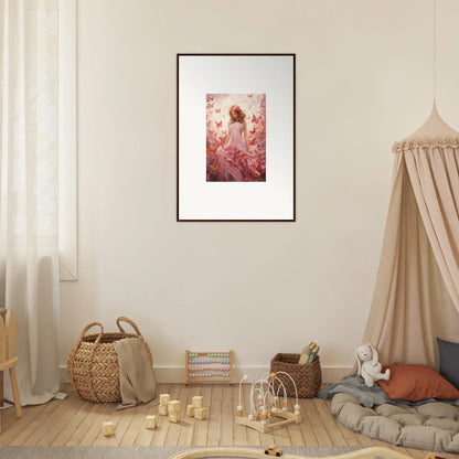 Framed canvas print of a figure with pink flowers for autumn lattice room decoration