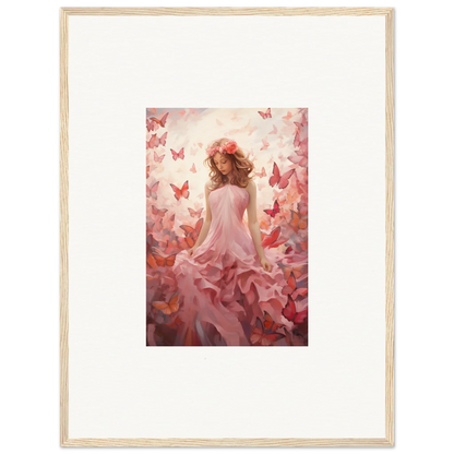 Framed canvas print of a woman in a pink dress with butterflies for autumn lattice room decoration