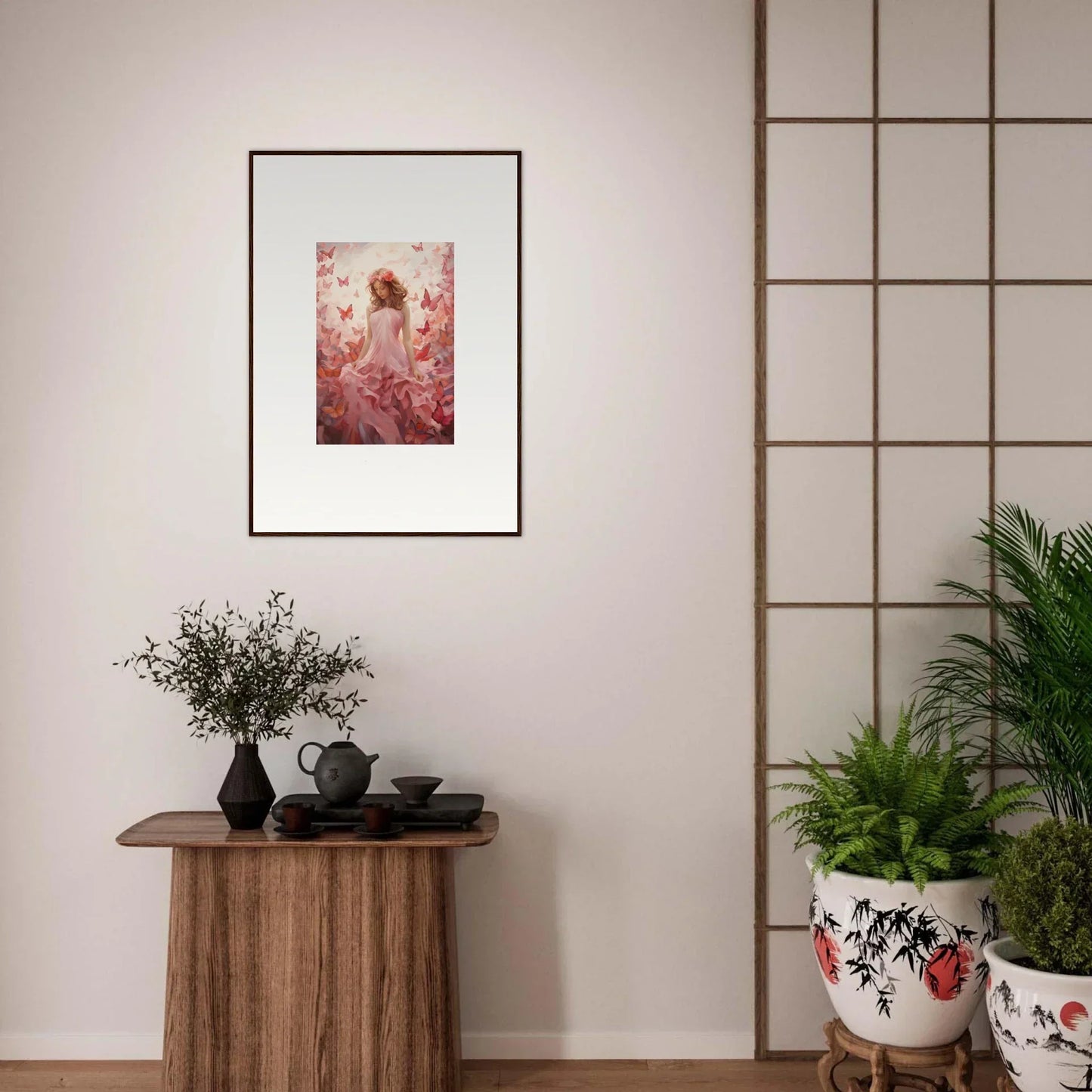 Framed canvas print of a figure with pink flowers, perfect for autumn lattice room decoration