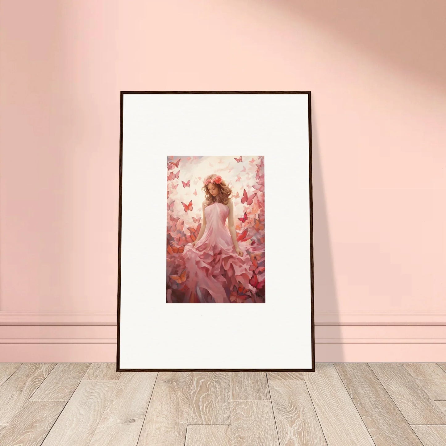 Framed canvas print of a figure with pink butterflies for autumn lattice room decoration