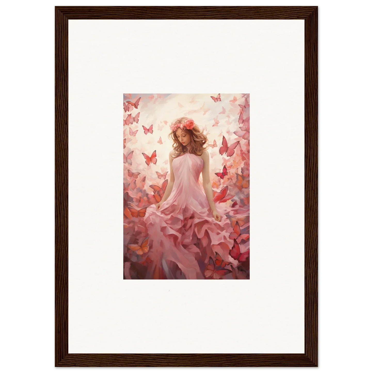 Framed canvas print of a woman in a pink dress with butterflies for autumn lattice room decoration