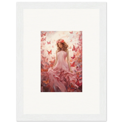 Framed canvas print of a figure in a pink dress with butterflies for autumn lattice room decoration