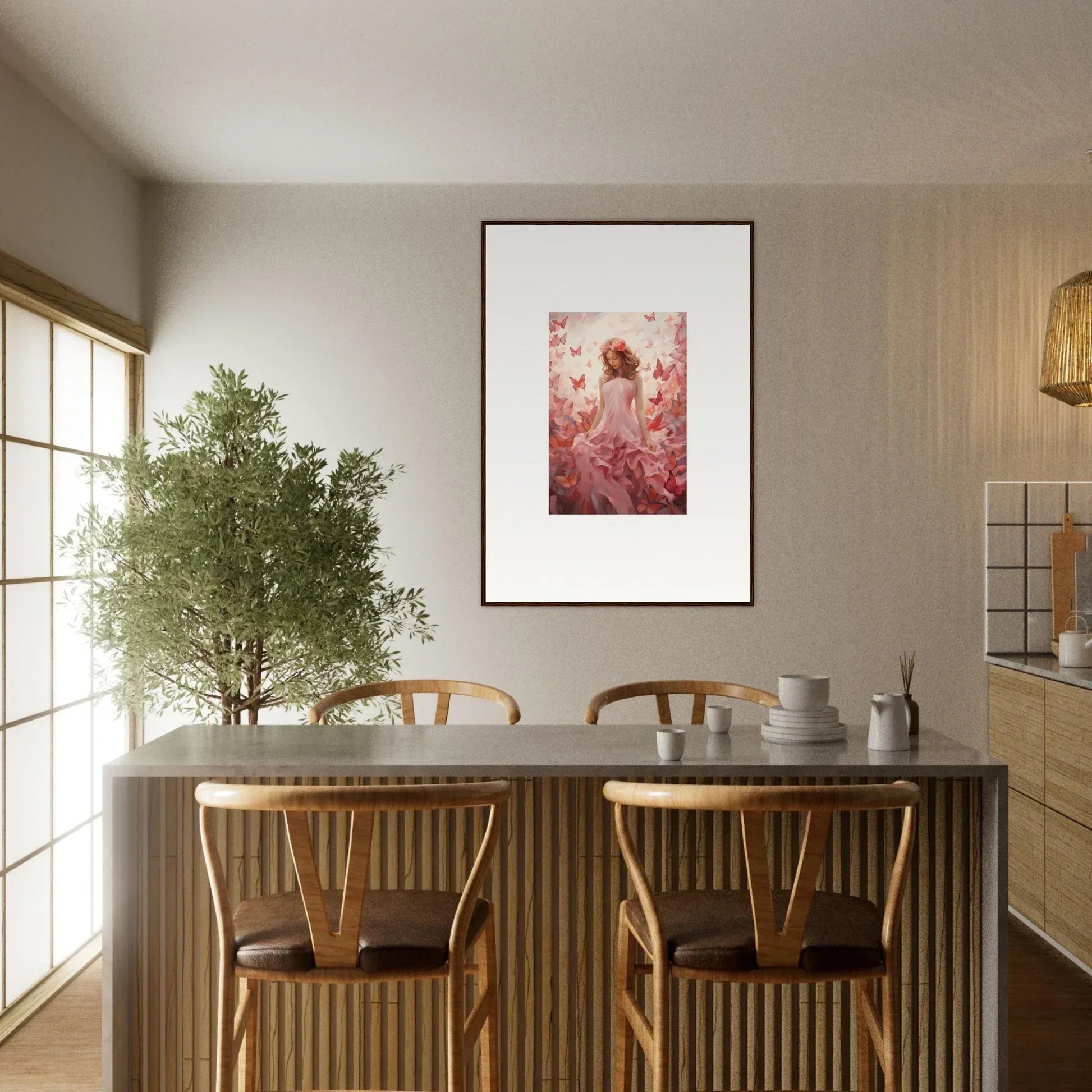 Dining table with wooden chairs and a potted tree for autumn lattice room decoration