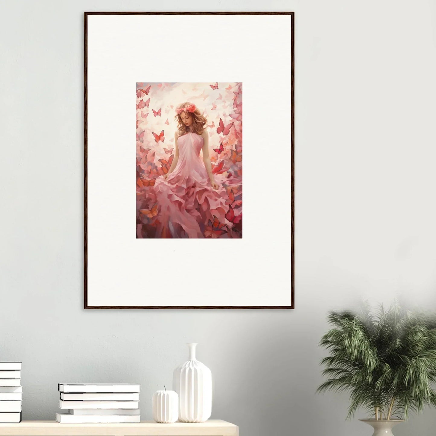 Framed canvas print of a woman in a pink dress with butterflies for autumn lattice room decoration