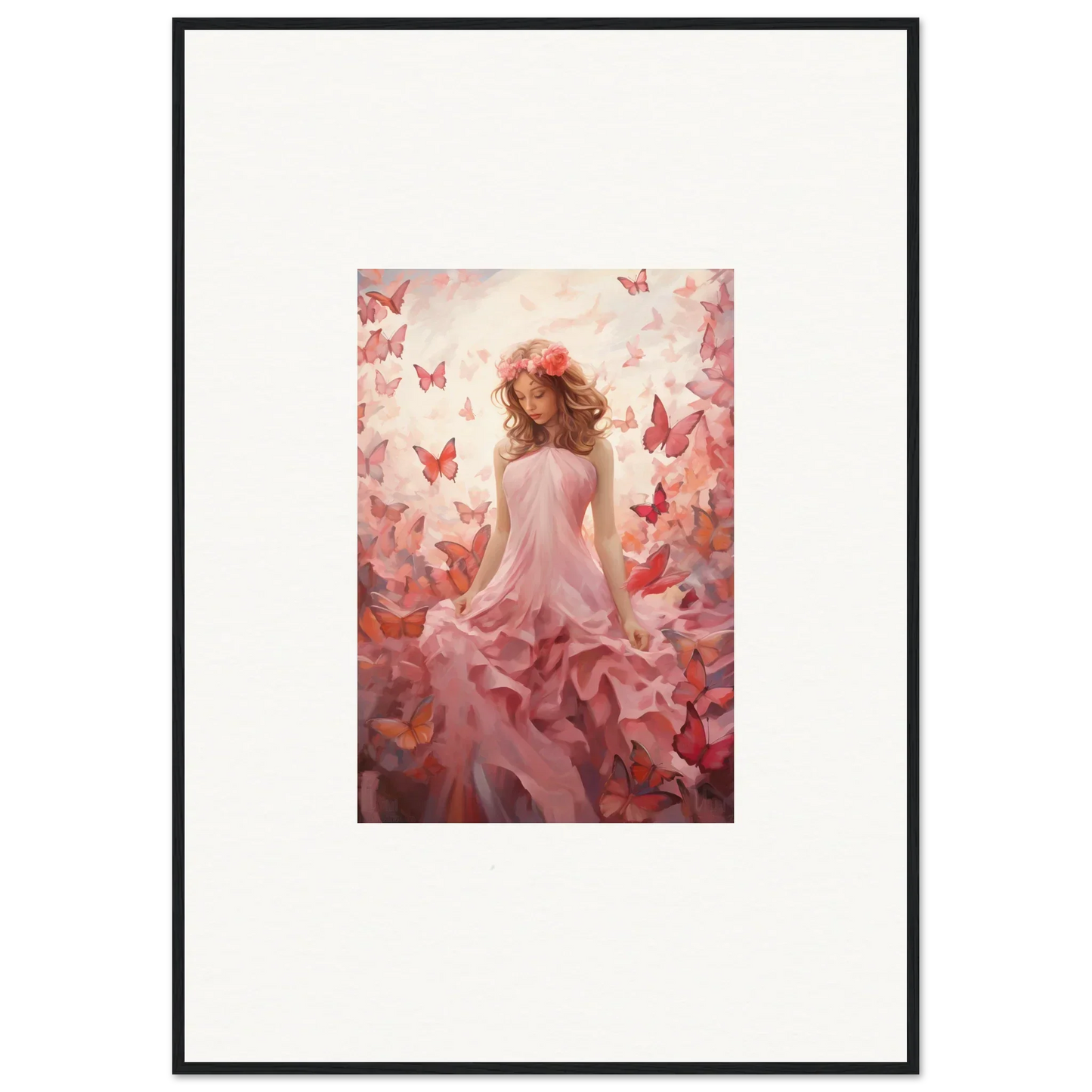 Framed canvas print of a woman in a pink dress with butterflies, perfect for autumn lattice room decoration