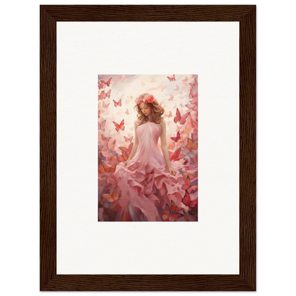 Framed canvas print of a woman in a pink dress with butterflies, perfect autumn lattice room decoration