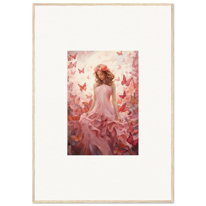 Framed canvas print of a woman in a pink dress with butterflies for autumn lattice room decoration