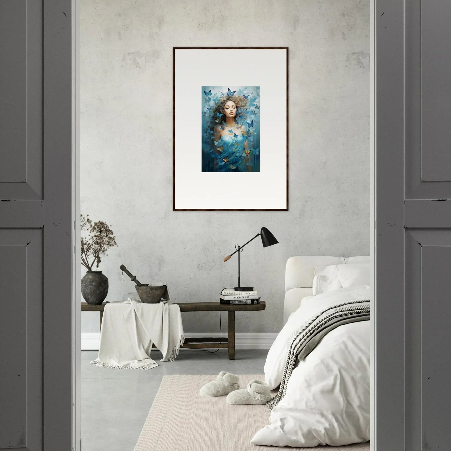 Framed portrait of a woman with blue flowers for a stylish dream symphonies canvas print