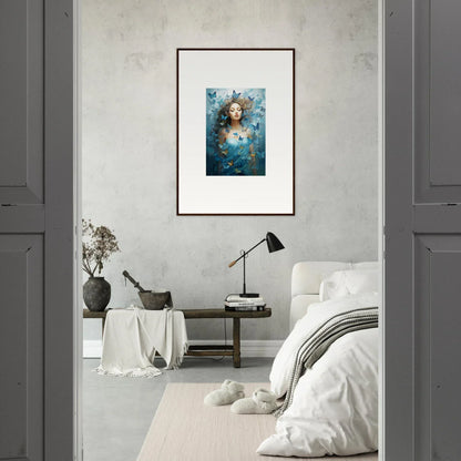 Framed portrait of a woman with blue flowers for a stylish dream symphonies canvas print