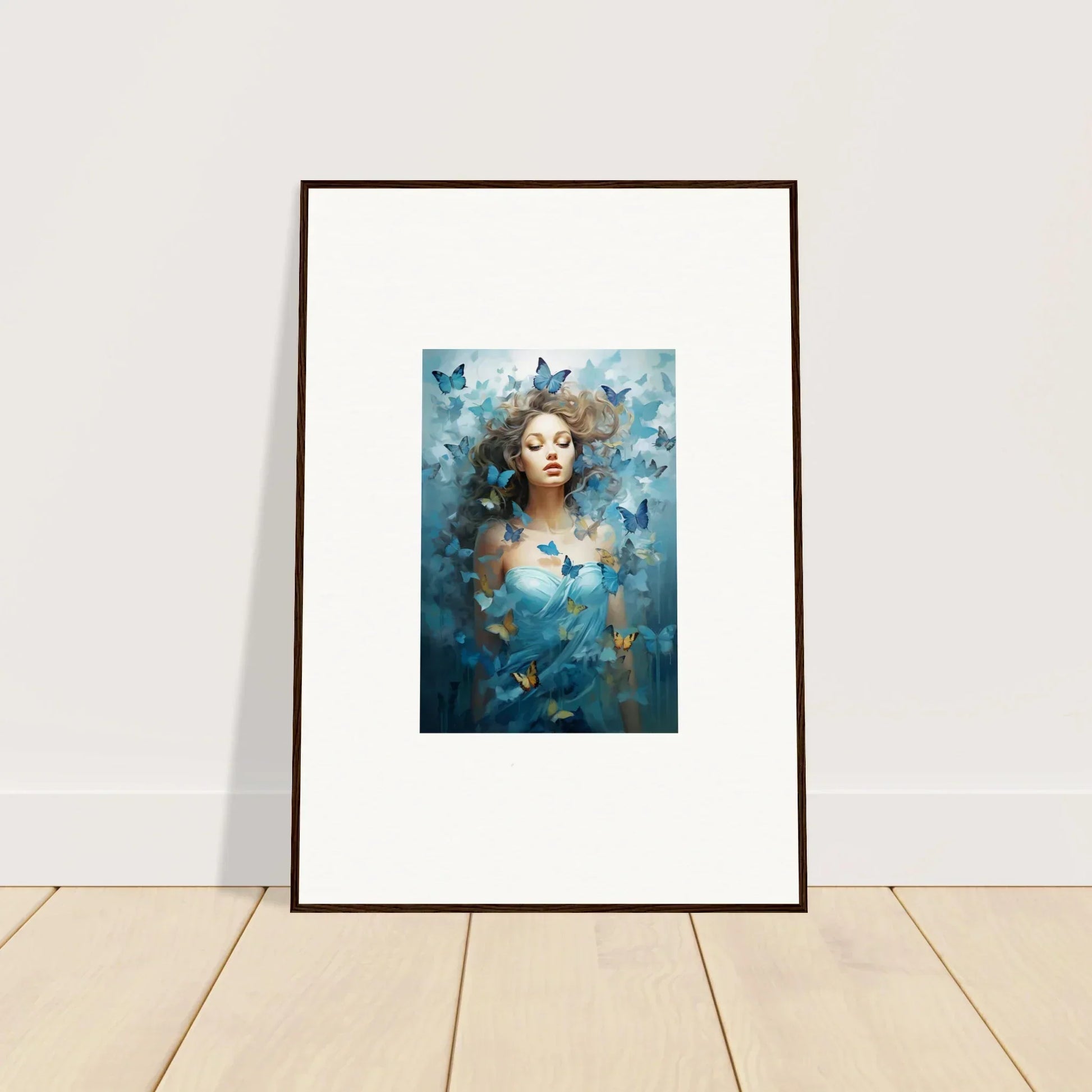 Framed canvas print of a woman with blue butterflies for dream symphonies room decoration