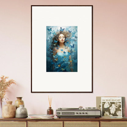 Framed canvas print of a woman with butterflies, perfect for dream symphonies room decoration