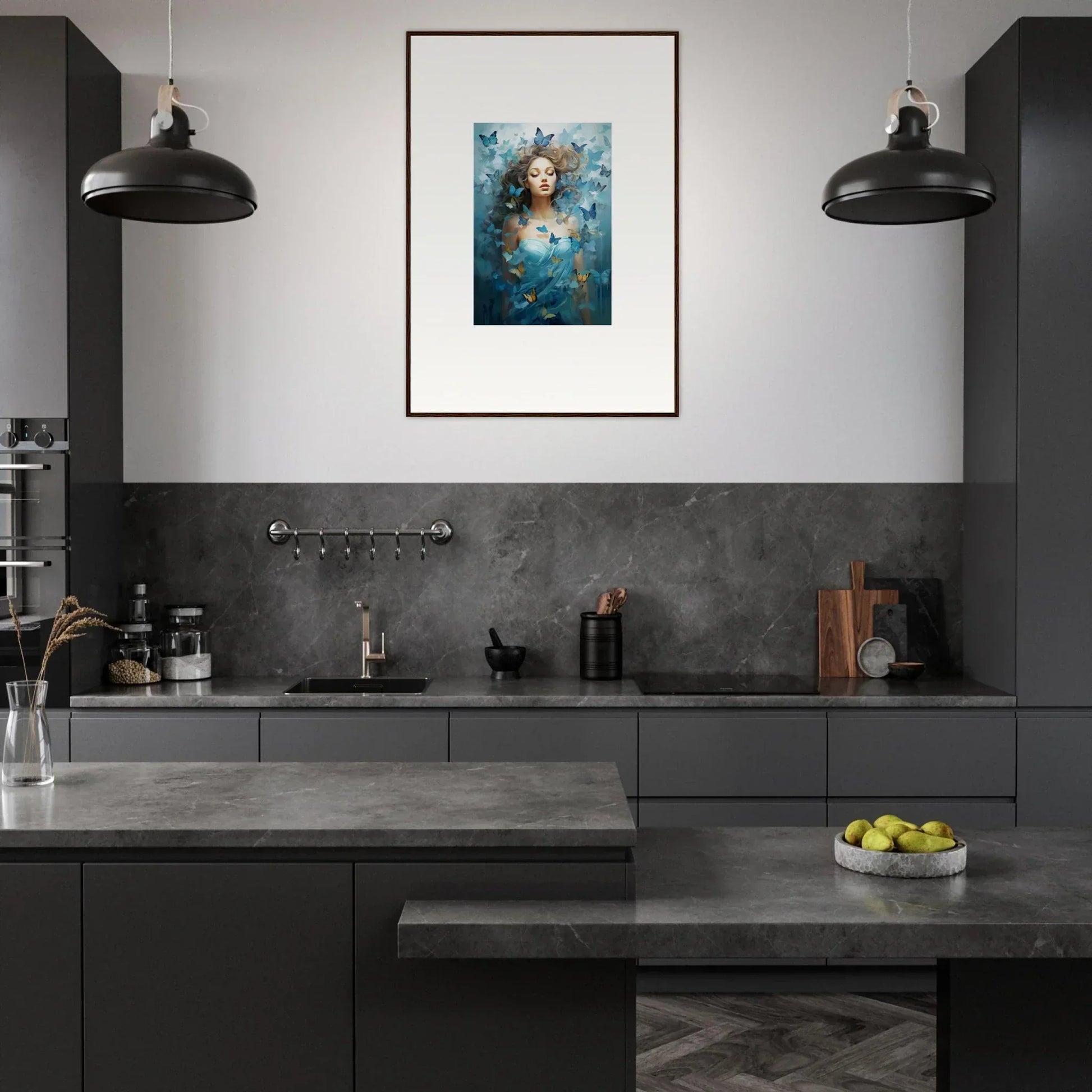 Modern kitchen with dark cabinetry and Canvas Print of Dream Symphonies for room decoration