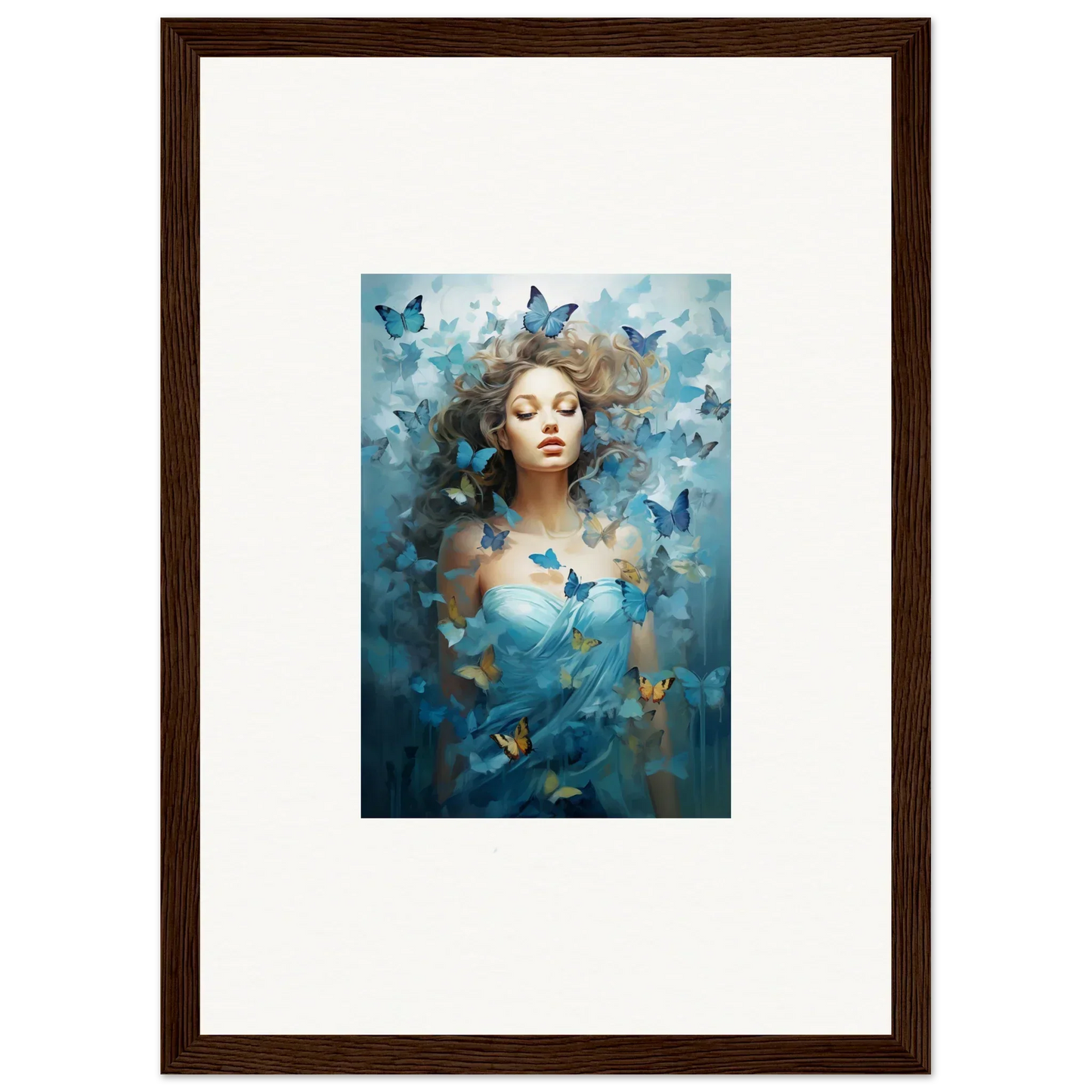 Framed canvas print of a woman with blue butterflies for dreamy room decoration