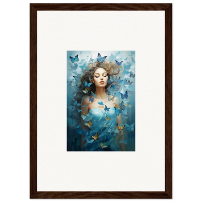 Framed canvas print of a woman with blue butterflies for dreamy room decoration