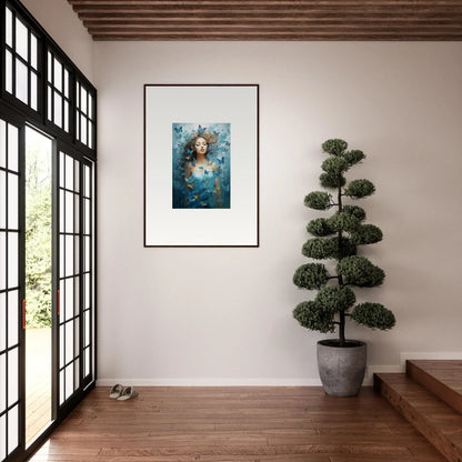 Framed portrait of a woman in blue and gold, perfect for dream symphonies room decoration