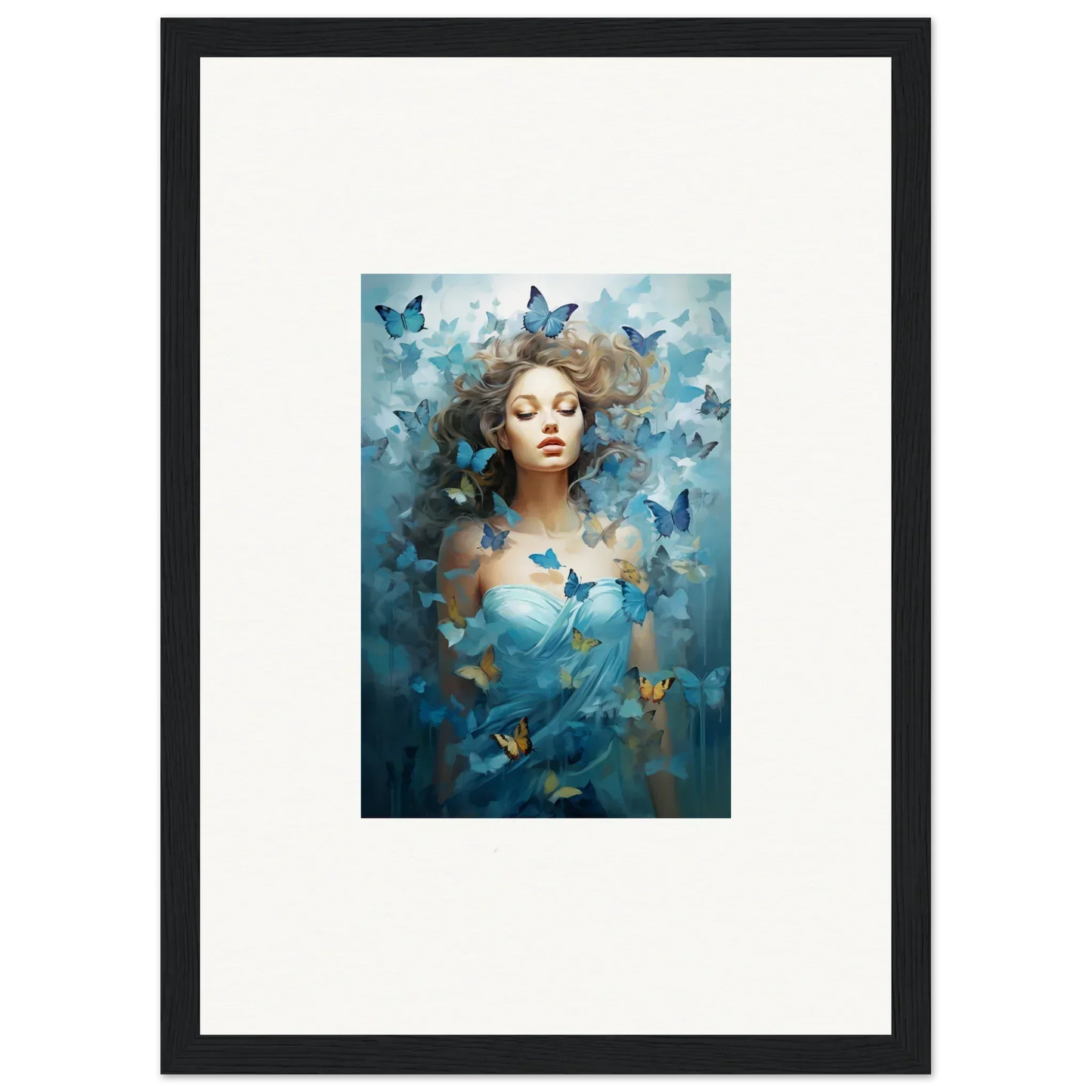 Framed canvas print of a woman and blue butterflies for dreamy room decoration