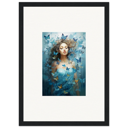 Framed canvas print of a woman and blue butterflies for dreamy room decoration